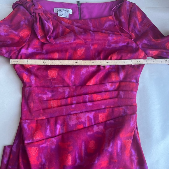 Kay Unger Pink Ruched Bow Neck Cocktail Pencil Abstract Print Sheath Dress - Picture 12 of 12